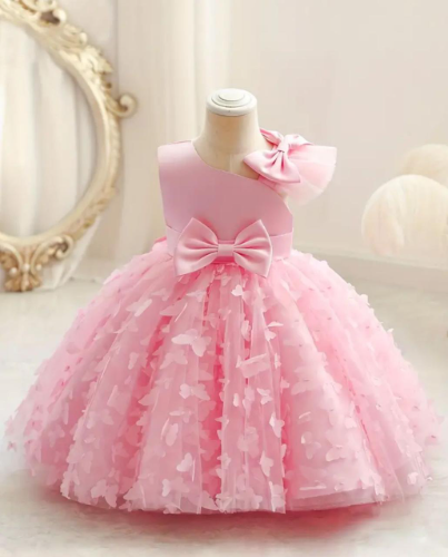 VESTIDO ROSADO MARIPOSAS MOÑO MANGA